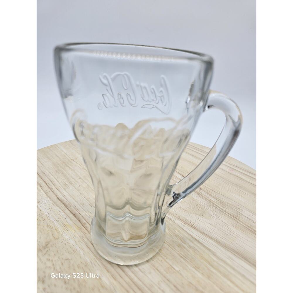 Vintage Clear‎ Glass Coca Cola Mug 5.5" Embossed Thick Handle Tall Drinking